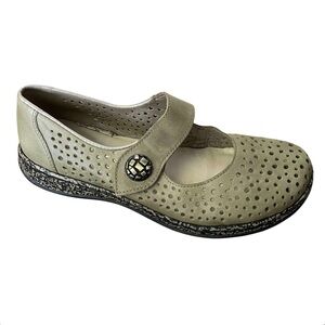 Rieker Women's Olive Green Perforated Leather Mary Jane Flats Shoes 38